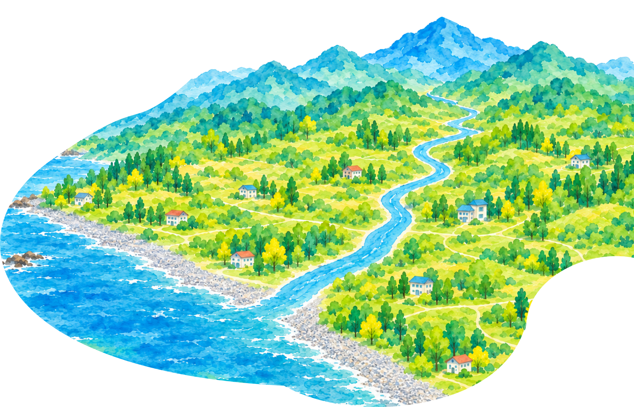 糸魚川の山、川、海とまちを描いた水彩イラスト